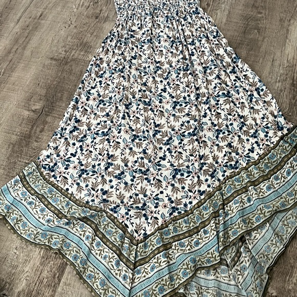 Angie Smocked sundress blue, green, white Floral, ruffle angled hem.Maxi boho S - Picture 5 of 8